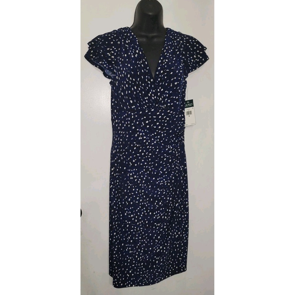 New Lauren Ralph Lauren Women's Floral Flutter-Sleeve Dress 8 Navy White